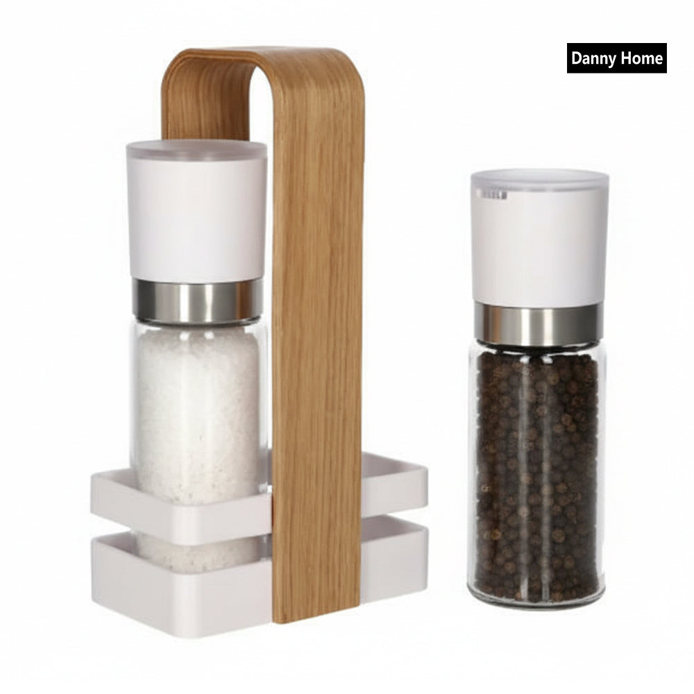 Danny Home 2-Pcs Salt & Pepper Grinder Mill With Rack Holder Wooden Handle
