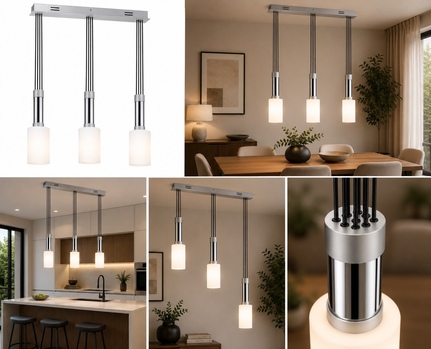 Micasa MILA 3-Light Pendant Light – Satin Silver & Chrome | Frosted Glass Adjustable Suspension