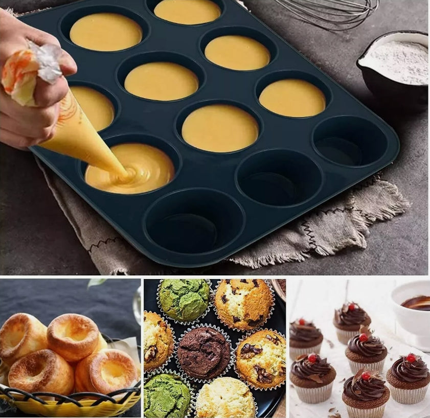 Danny Home High Quality Silicone Muffin Baking Pan & Cupcake Tray 12 Cup 39.8cmx26.5cmx3.5cm