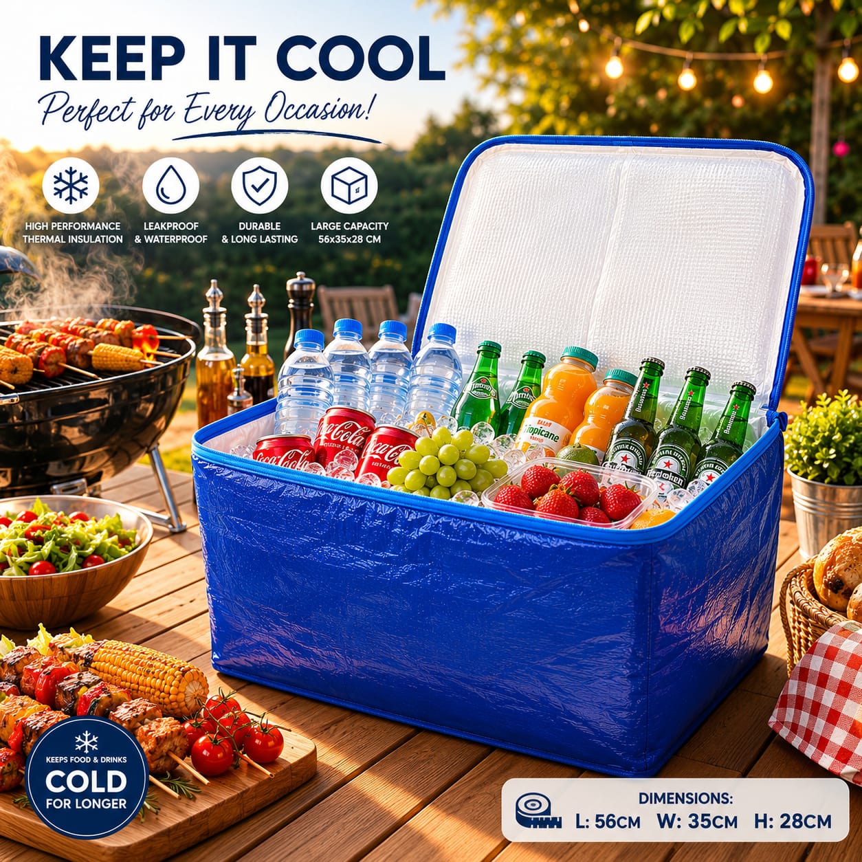 Large Insulated Cooler Bag 56x35x28cm | Leakproof Thermal Food & Beverage Storage Bag