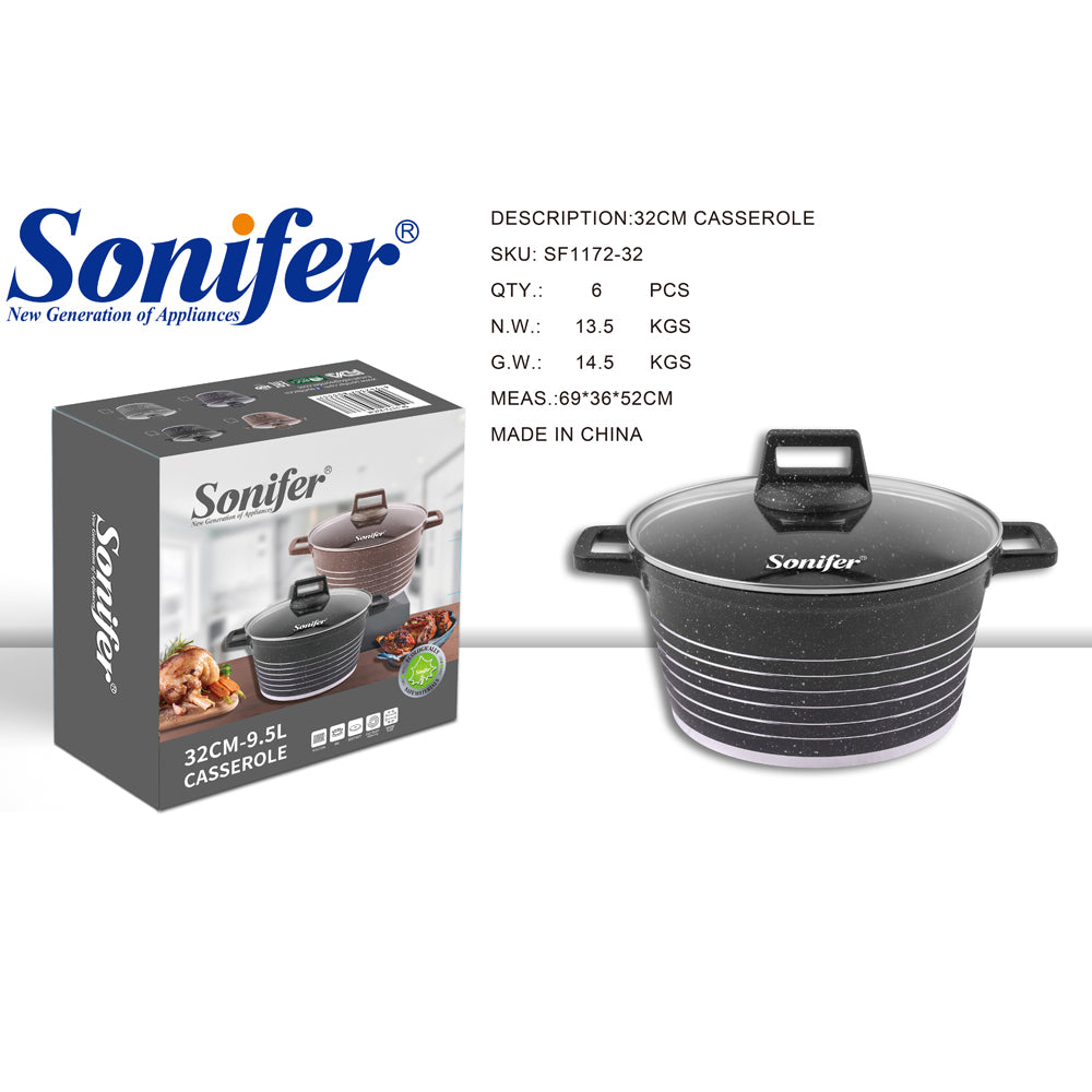 Sonifer 20/22/24/26/28/30/32/36cm Wear-Resistant Non-Stick Granite Casserole with Glass Lid SF-1172-Black