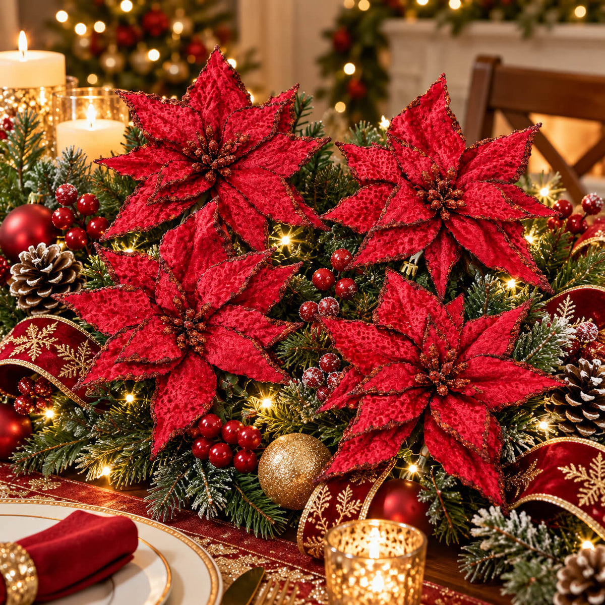 Mica Red Velvet Poinsettia Christmas Flower Clip – 1 Piece