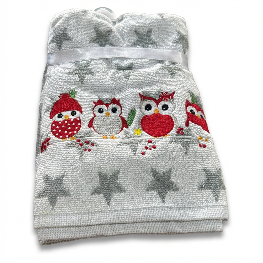 Holiday Elegance-Festive Owl Embroidered Hand Towel