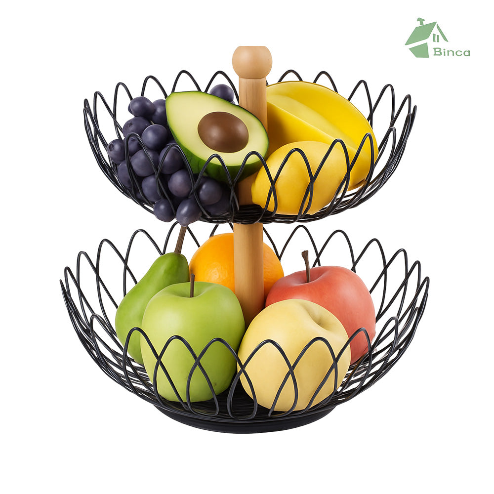 Binca 2-Tier Fruit & Vegetable Table Basket with Wooden Handle