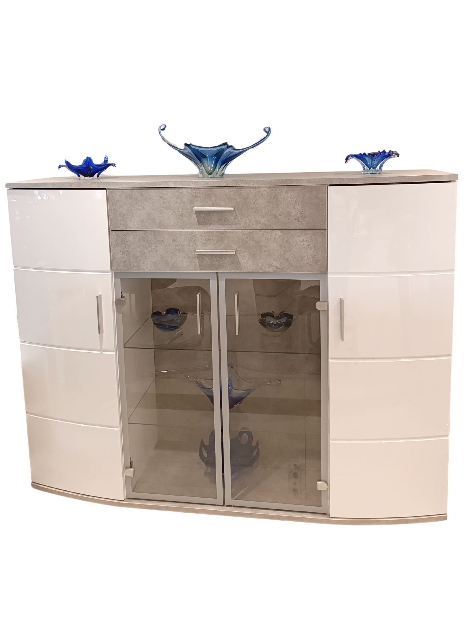 Bega Jam Highboard – Premium German High-Gloss White & Stone Grey Cabinet with LED Lighting