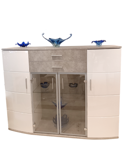 Bega Jam Highboard – Premium German High-Gloss White & Stone Grey Cabinet with LED Lighting