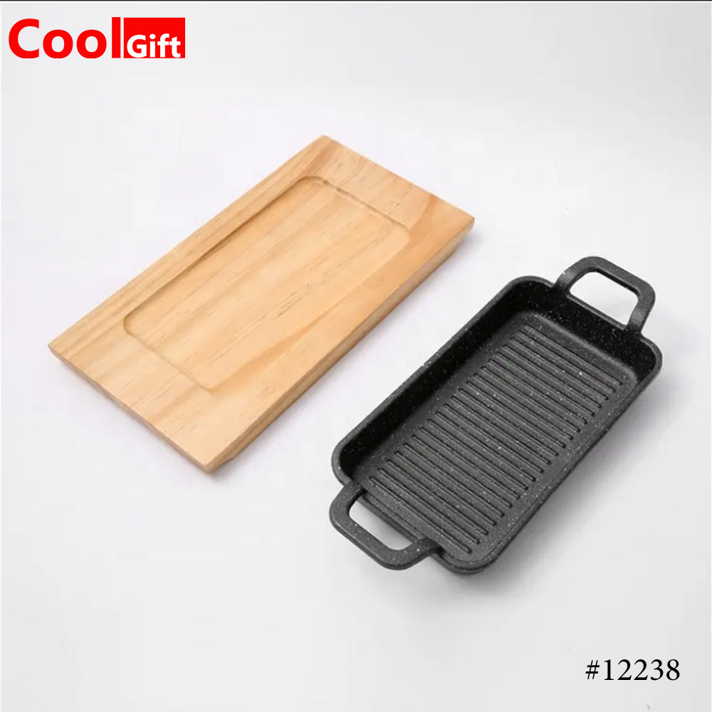 Cast Iron Mini Rectangular Serving Dish Pans with Wooden Base