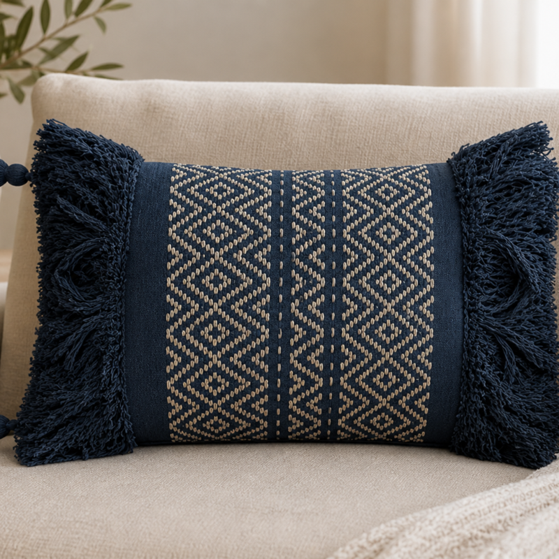 Pandora Metallic Woven Boudoir Cushion with Tassles in Navy