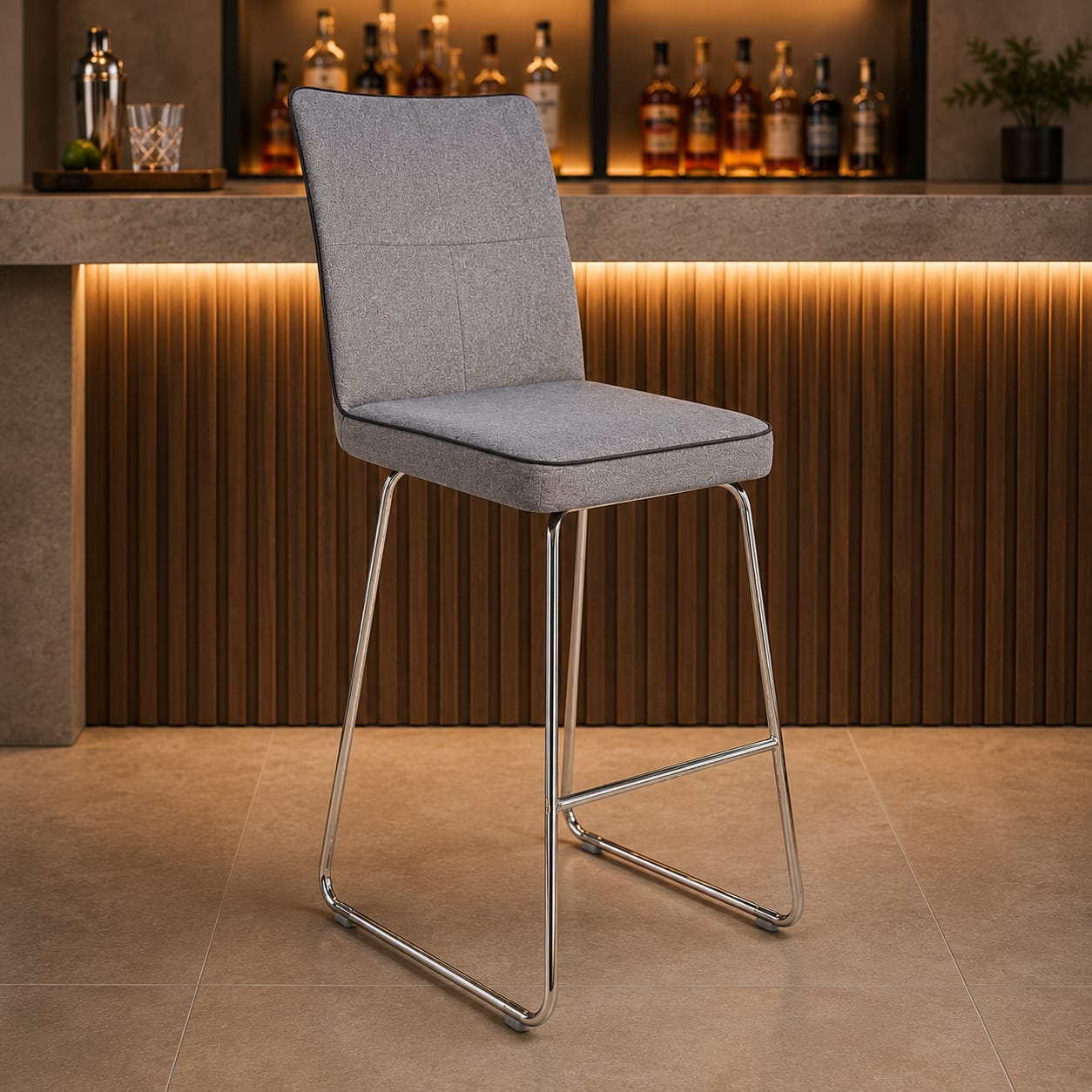 Bremen Modern Grey Upholstered Bar Stool with Chrome Legs