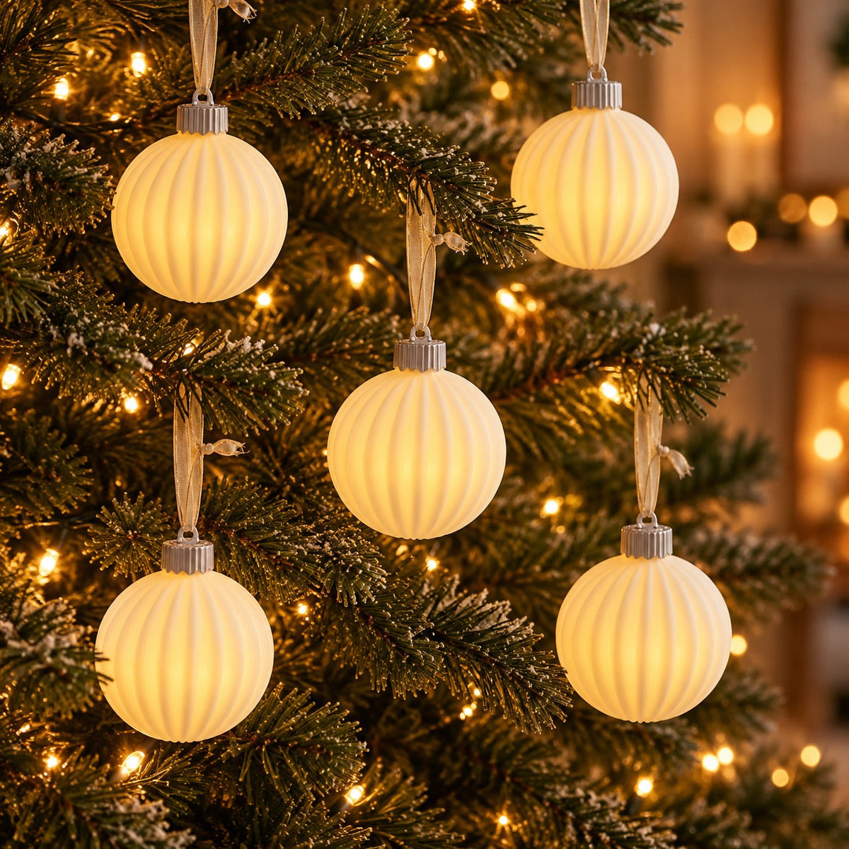 Lavender Boudoire LED Christmas - White Ceramic Ribbed Ornaments