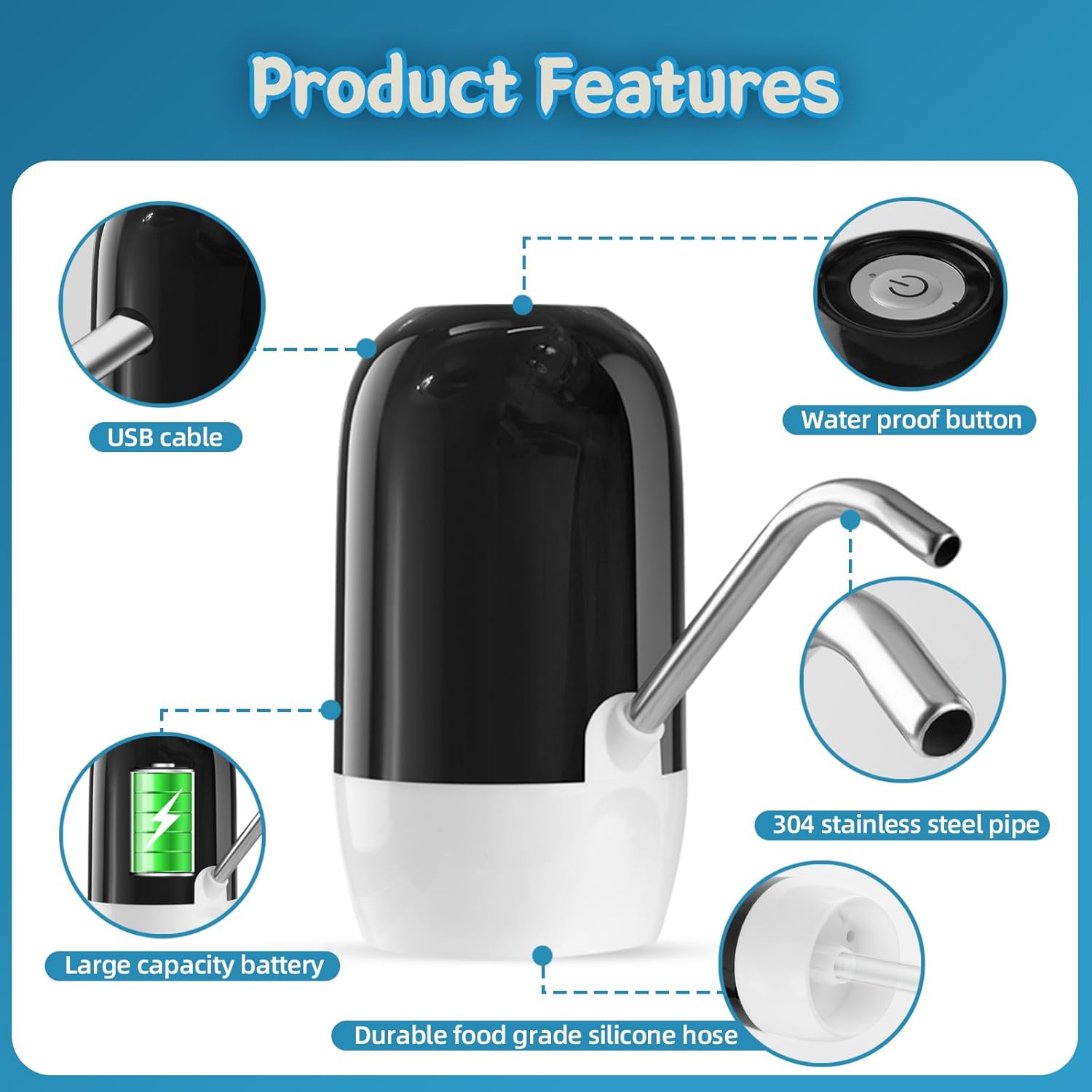 4W 1200mAh DC-5V High Power Water Pump Dispenser With 304 Stainless Steel Hose MX-808 (L16 x W6.5 x H14)cm – Black