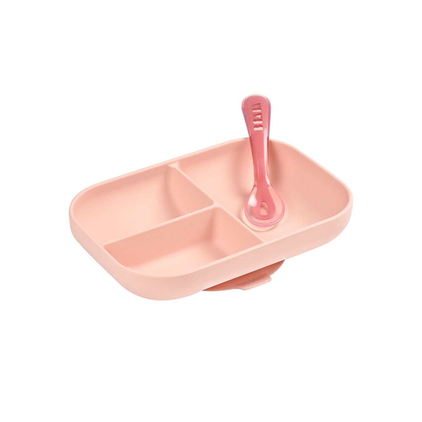 Béaba Silicone Divided Suction Plate & Spoon Set- Pink