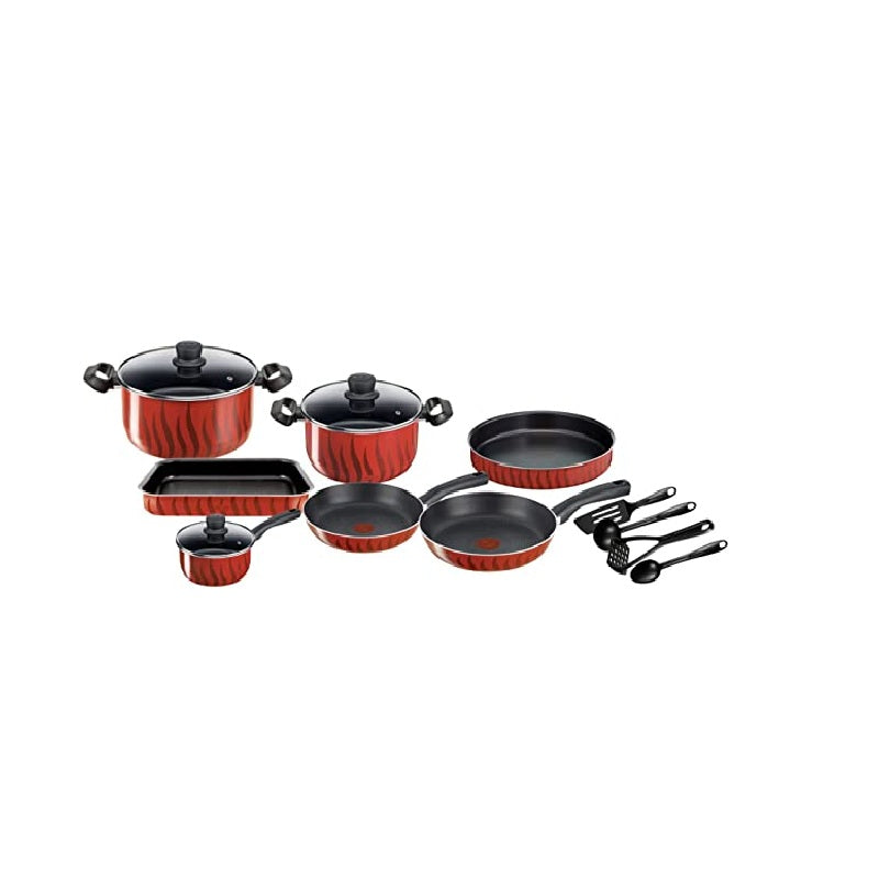 Tefal C3079383 Tempo Flame – 14pcs Set: FP 24/ 28, Saucepan 16+ Glass Lid, Stewpots 24/ 28+ Glass Lids, Kebbe 28 cm, Oven Dish, 29×22 4 accessories (Spoon, Ladle, Long Spatula, Potato Masher)