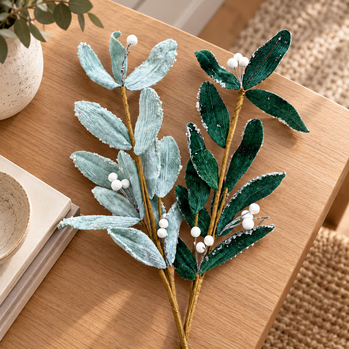 House of Seasons Frosted Velvet Leaf Branch – 60 cm