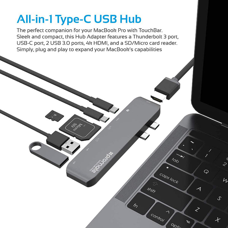 Promate Machub-Pro Grey Macbook Pro 13 With Touch Bar Usb C Adapter