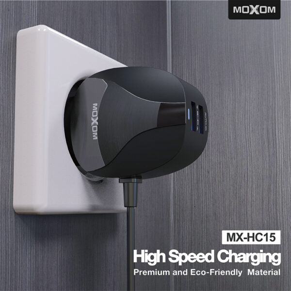 Moxom MX-HC15 Charger, 2.4A, two fast ports, with Built-in Cable