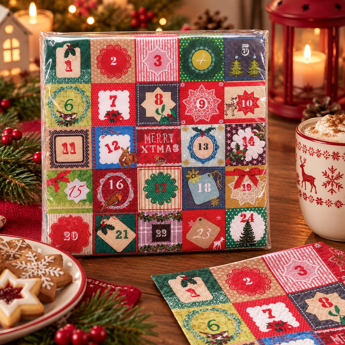 Cucina & Tavola Advent Calendar Christmas Napkins – 20 Pack, 33 × 33 cm