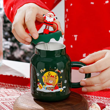 Christmas Ceramic Cup with Lid and Straw