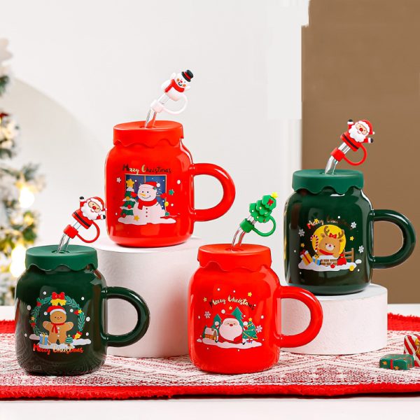 Christmas Ceramic Cup with Lid and Straw