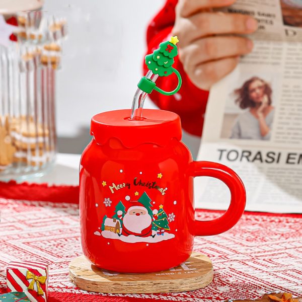 Christmas Ceramic Cup with Lid and Straw