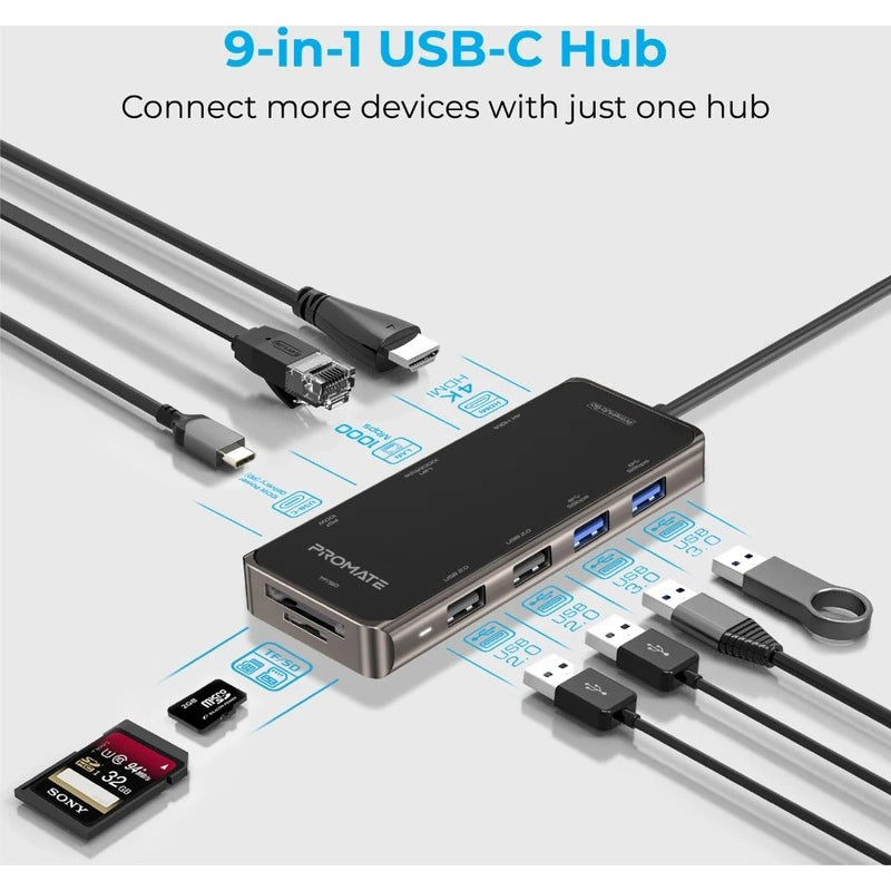 Promate PrimeHub-Go Compact Multiport USB-C Hub with 100W Power Delivery