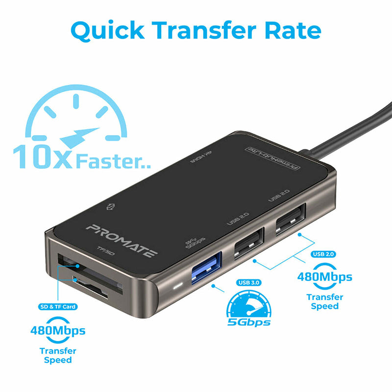 Promate Primehub-Lite Ultra-Fast Compact Multi-Port Usb-C Hub