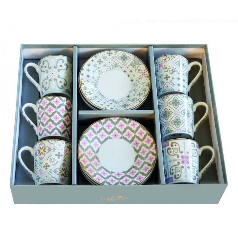 Easy Life Set 6 coffee cups & saucers 100ml in porcelain Mania Tiles Grey