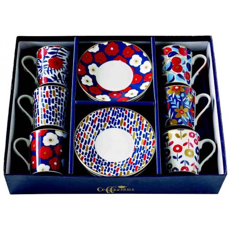 Easy Life Set 6 coffee cups & saucers 100ml in porcelain Flower Power Blue
