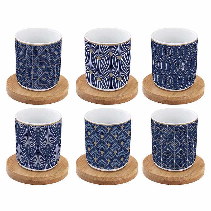 Easy Life Set 6 coffee cups in porcelain & bamboo saucers 110 ml Art Deco
