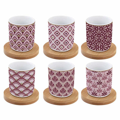 Easy Life Set 6 coffee cups in porcelain & bamboo saucers 110ml Damask