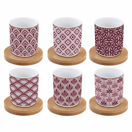 Easy Life Set 6 coffee cups in porcelain & bamboo saucers 110ml Damask