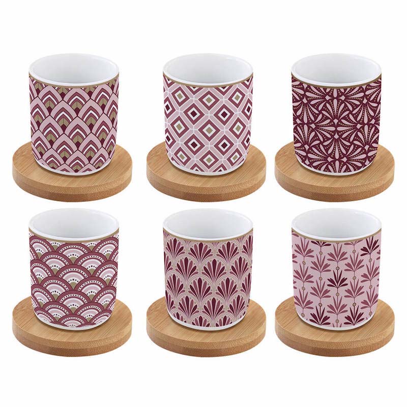 Easy Life Set 6 coffee cups in porcelain & bamboo saucers 110ml Damask