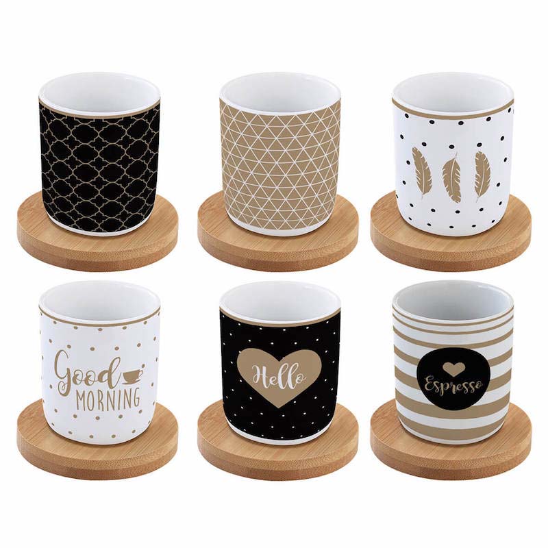 Easy Life Set 6 coffee cups in porcelain & bamboo saucers 110ml Good Morning