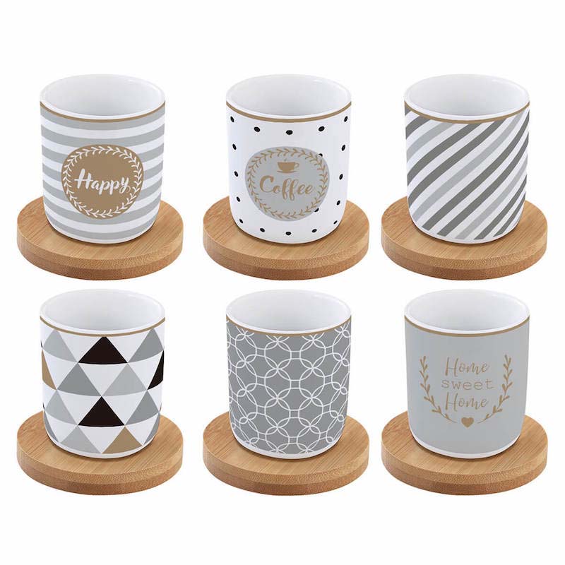 Easy Life Set 6 coffee cups in porcelain & bamboo saucers 110ml Happy