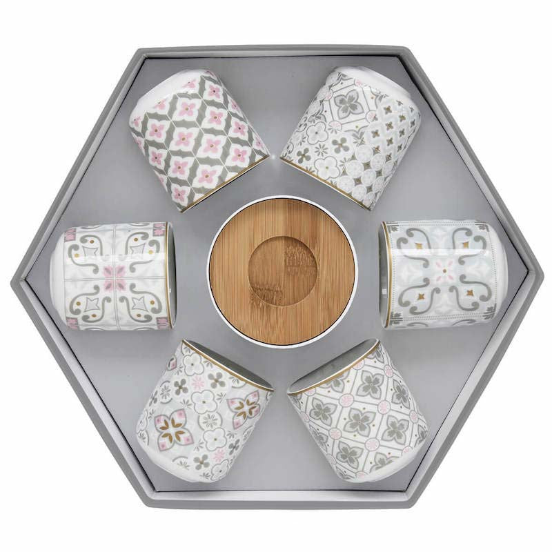 Easy Life Set 6 coffee cups in porcelain & bamboo saucers 110ml Tiles Grey