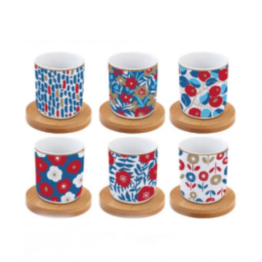 Easy Life Set 6 coffee cups in porcelain & bamboo saucers 110ml Flower Power Blue