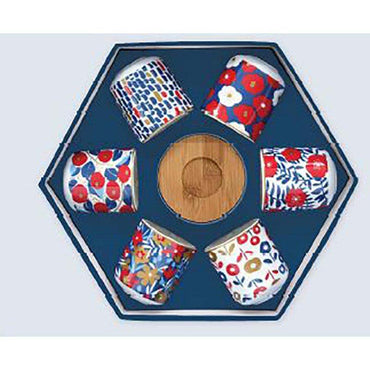 Easy Life Set 6 coffee cups in porcelain & bamboo saucers 110ml Flower Power Blue