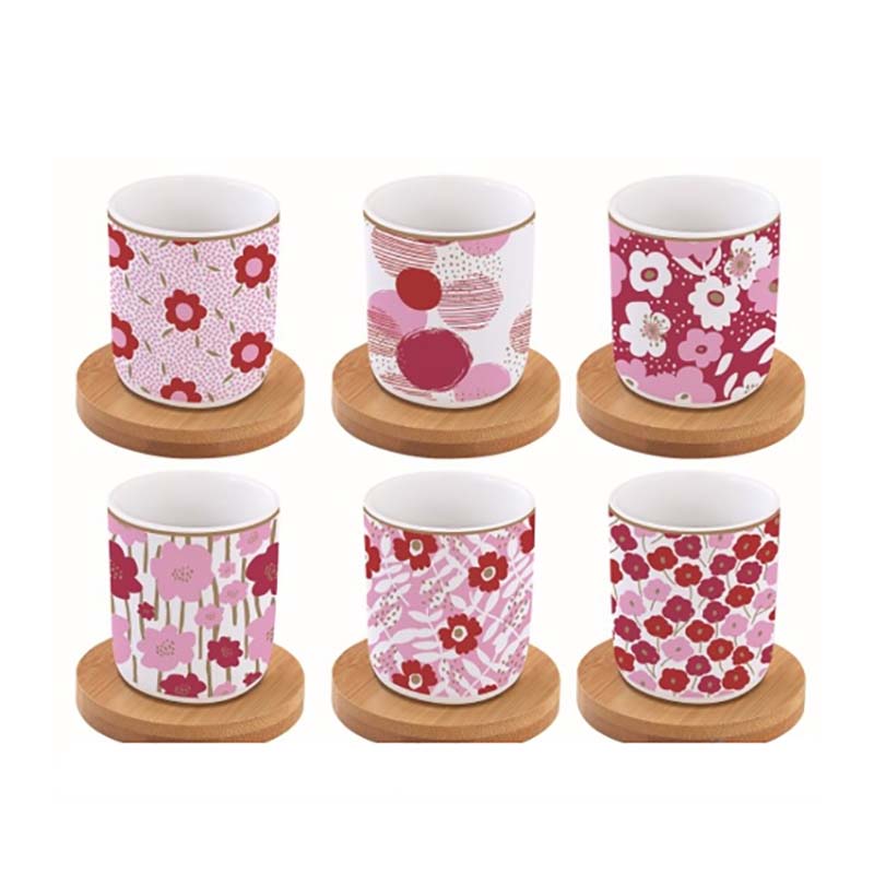 Easy Life Set 6 coffee cups in porcelain & bamboo saucers 110ml Flower Power Pink