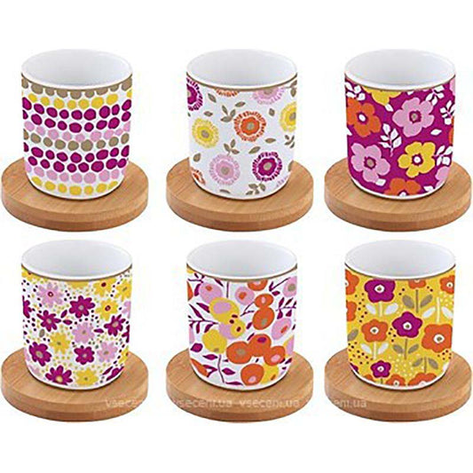 Easy Life Set 6 coffee cups in porcelain & bamboo saucers 110ml Flower Power Yellow