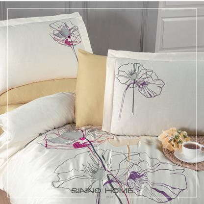 MIREYA EKRU - Cotton Satin Embroidered Duvet Cover Set Double