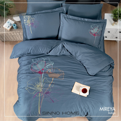 MIREYA indigo - Cotton Satin Embroidered Duvet Cover Set Double