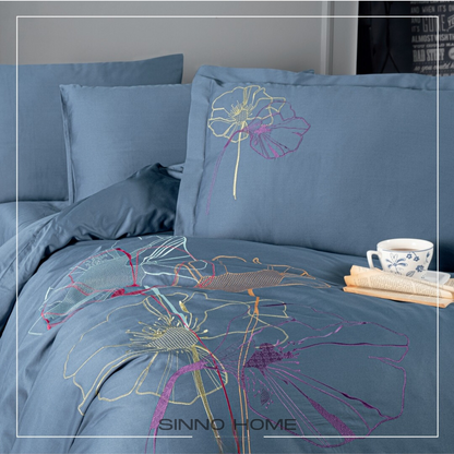 MIREYA indigo - Cotton Satin Embroidered Duvet Cover Set Double