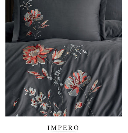 IMPERO grey - Cotton Satin Embroidered Duvet Cover Set Double