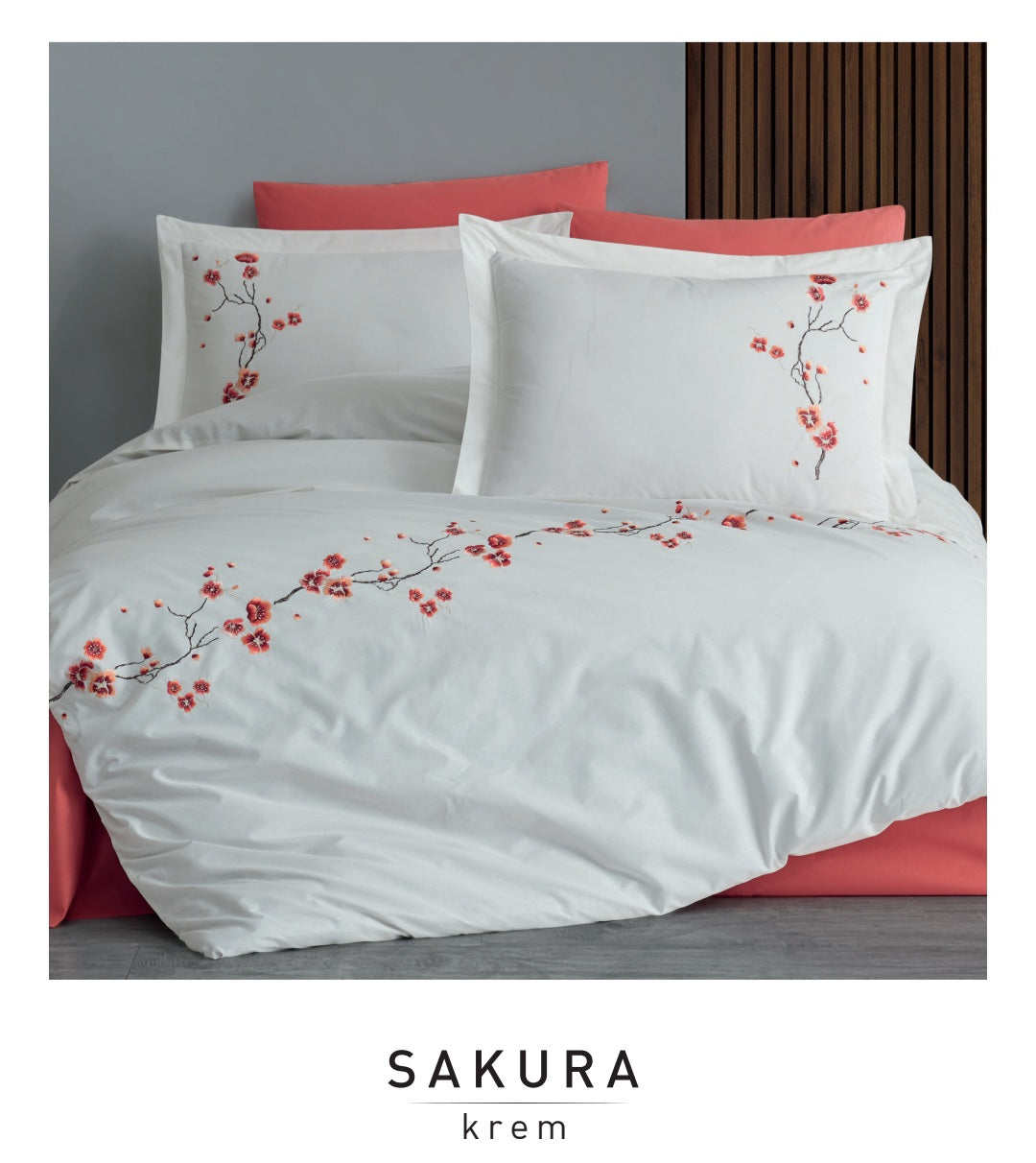 Poplin Double size 3d Embroidered Duvet Cover Set SAKURA Cream