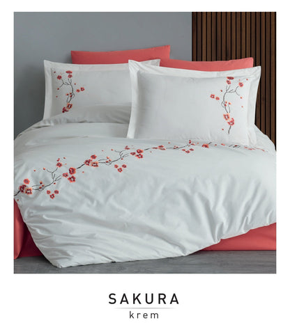 Poplin Double size 3d Embroidered Duvet Cover Set SAKURA Cream