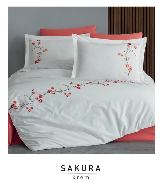 Poplin Double size 3d Embroidered Duvet Cover Set SAKURA Cream