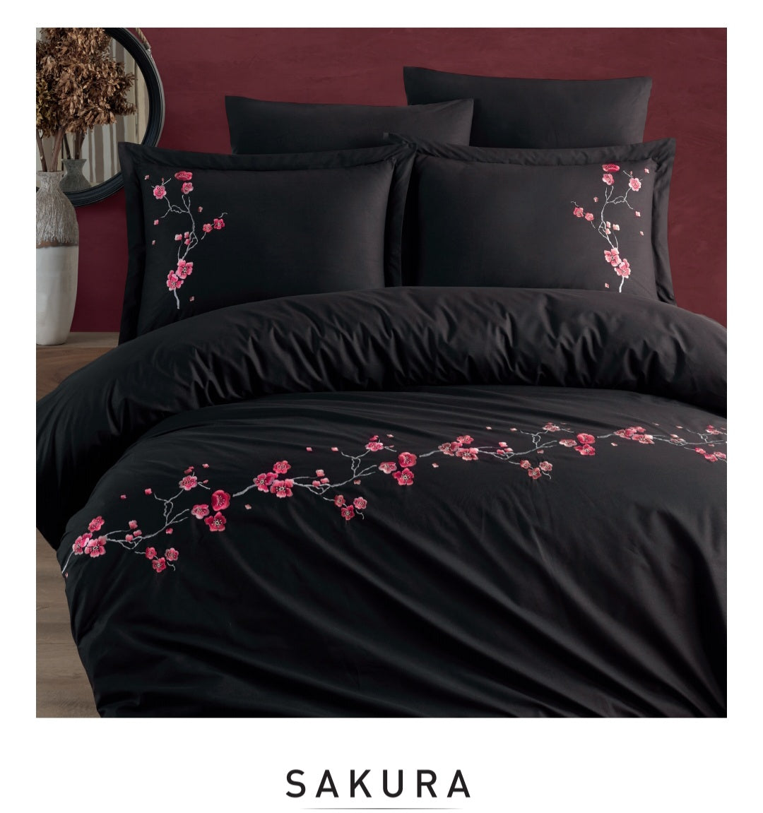 Poplin Double size 3d Embroidered Duvet Cover Set SAKURA Black