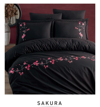 Poplin Double size 3d Embroidered Duvet Cover Set SAKURA Black
