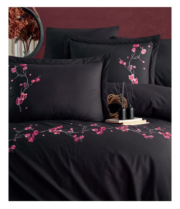 Poplin Double size 3d Embroidered Duvet Cover Set SAKURA Black