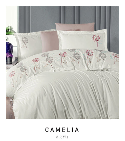 Poplin Double size 3d Embroidered Duvet Cover Set CAMELIA Ecru